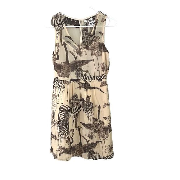 Madewell Womens Ivory Safari Silk Dress 4 Midi Sleeveless V-Neck Elephant Zebra - Picture 2 of 9